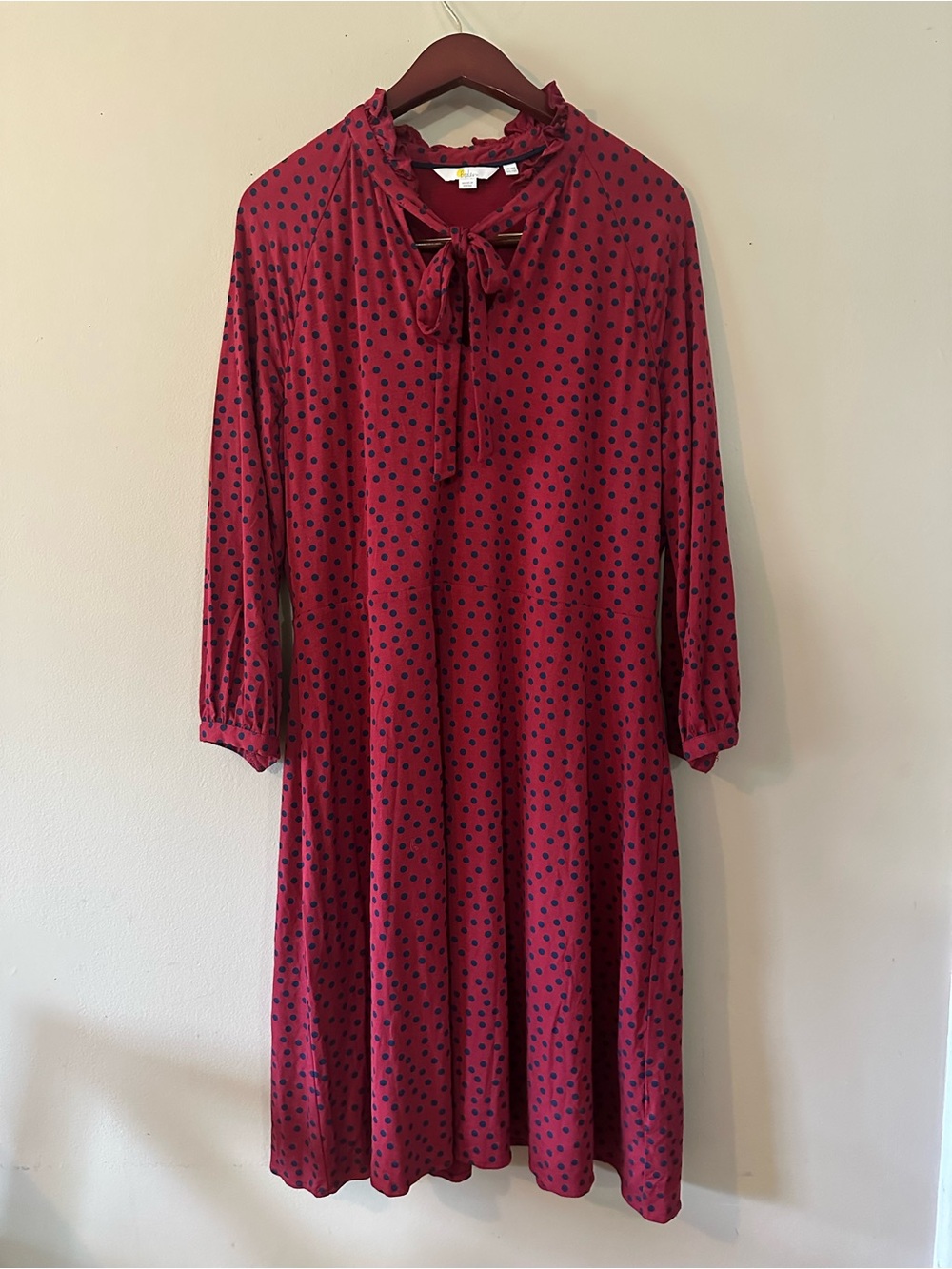 Boden Rosa Red Polka Dot Tie-Neck Long Sleeve Jersey Dress, Sz 14